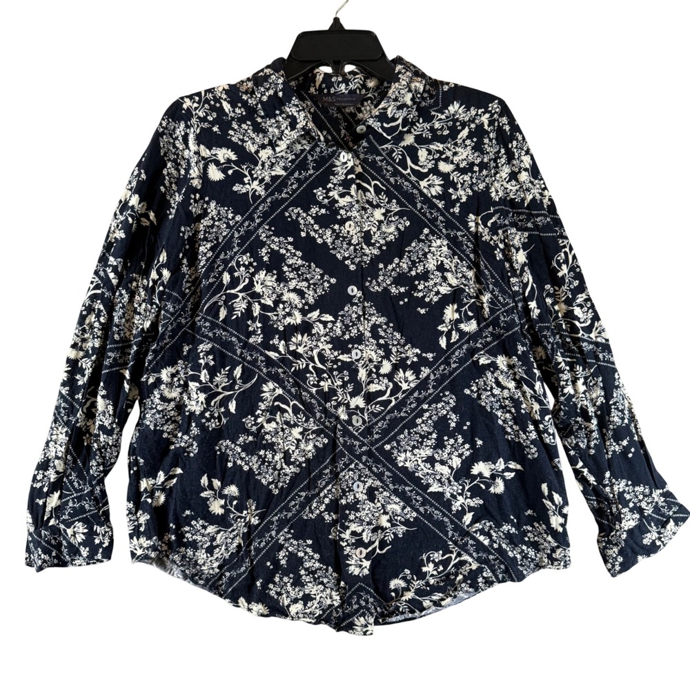 M&S Collection Blouse 10 Floral Bandana Print Black White Button Down 0176
